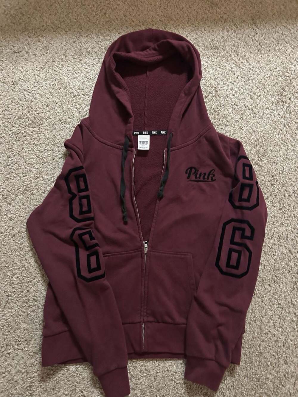 Victoria's Secret PINK Maroon Full Zip Hoodie with Black Numbers on Sleeves SZ L